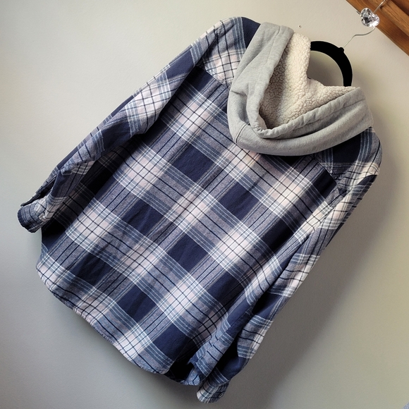 VANILLA STAR Blue Flannel Long Sleeve Button Down Hoodie Junior Women's XXL - Picture 14 of 15